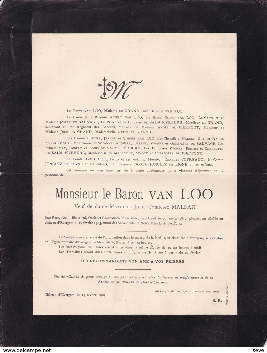 GAND EVERGEM Baron Van LOO Veuf MALFAIT 1812-1903 Faire-part Mortuaire De SALM-KYRBURG De PIERPONT - Décès