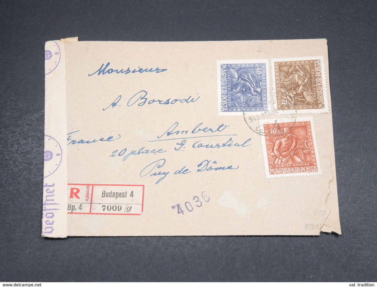 HONGRIE - Enveloppe En Recommandé De Budapest Pour La France En 1943 Avec Contrôle Postal - L 18701 - Lettres & Documents