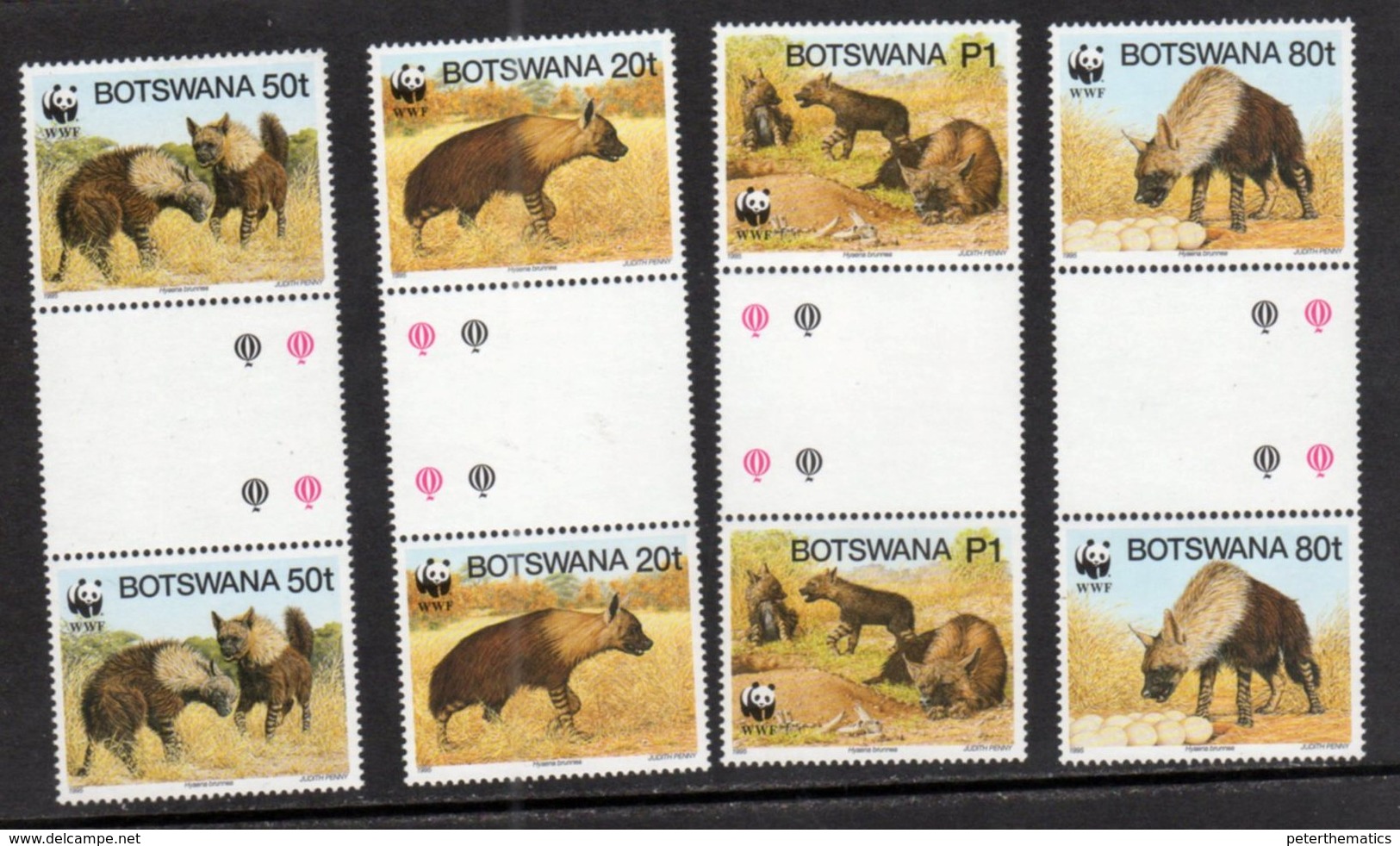 BOTSWANA, 1995, MNH, WWF, HYENAS, GUTTER PAIR - Unused Stamps