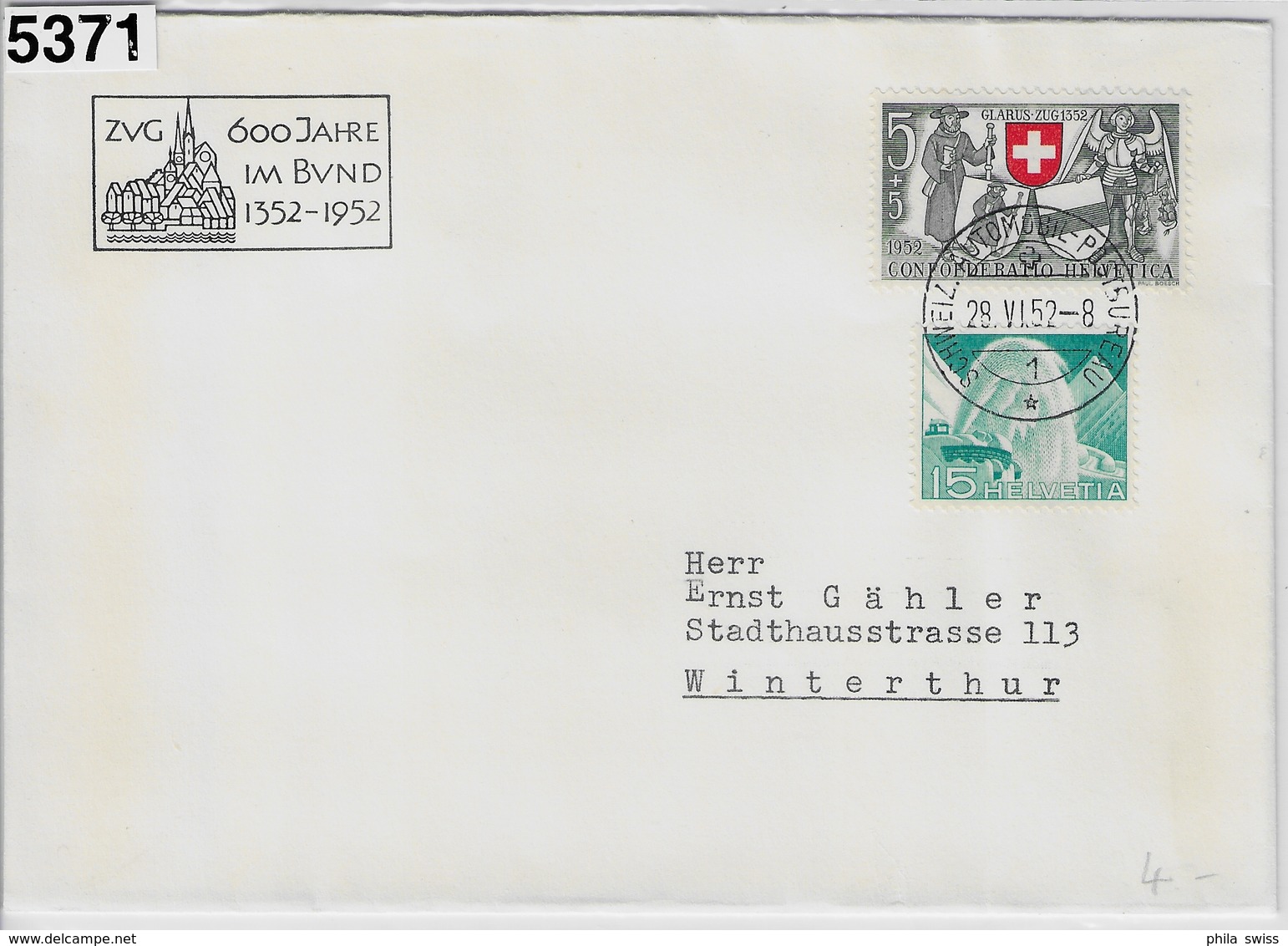 1952 PP B56/570 Zug 600 Jahre Im Bund 28.VI.52 - Marcophilie