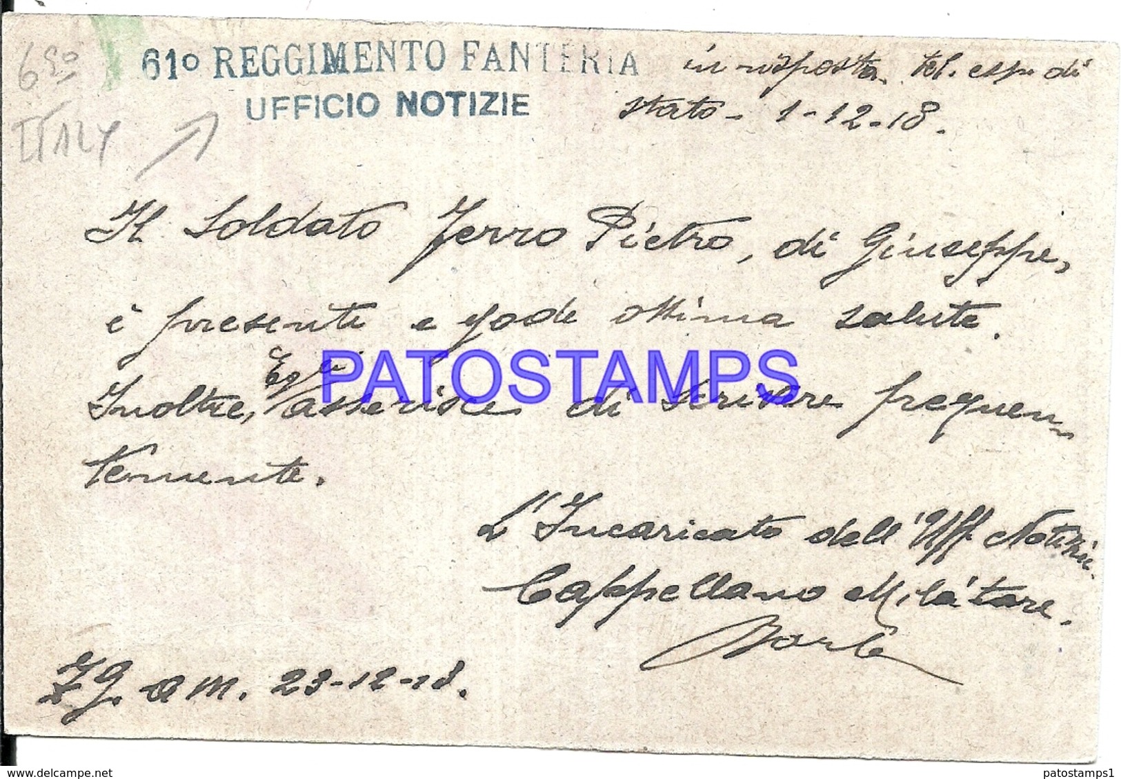 94451 ITALY MILITARY ARMY PATRIOTIC & FLAG 61 REGIMENT UFFICIO NOTIZIE POSTAL POSTCARD - Altri & Non Classificati