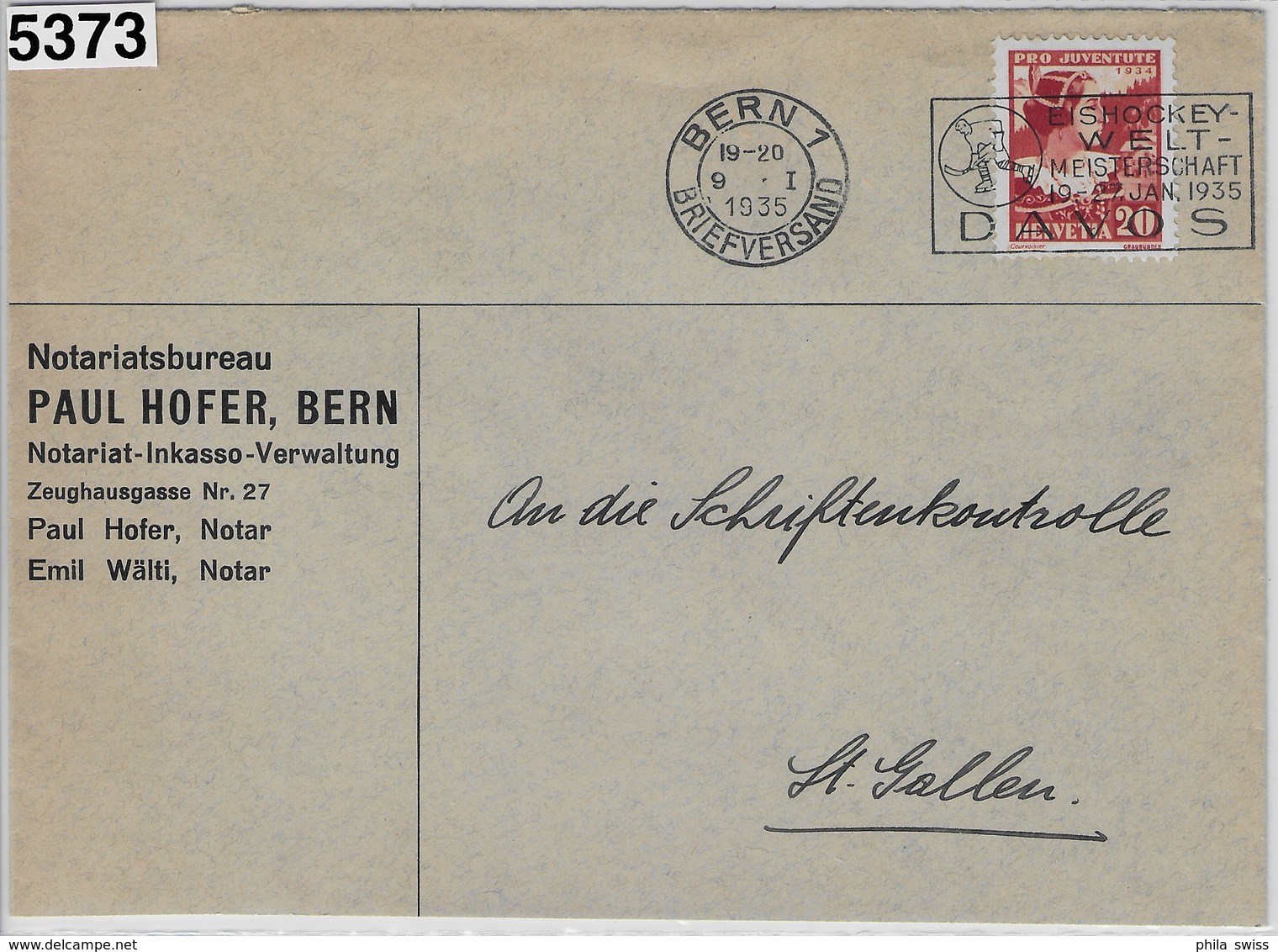 1934 Pro Juventute J71/283 Eishockey Welt-Meisterschaft Davos 1935 - Bern 9.I.35 - Lettres & Documents
