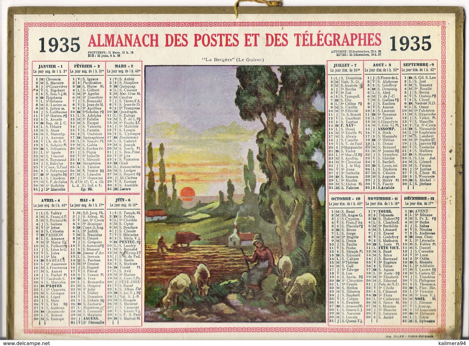 ALMANACH DES POSTES ET DES TELEGRAPHES / CALENDRIER DE 1935 / LA BERGÈRE ( Par LE GUIREC ) / Dép. SEINE & OISE - Grossformat : 1921-40