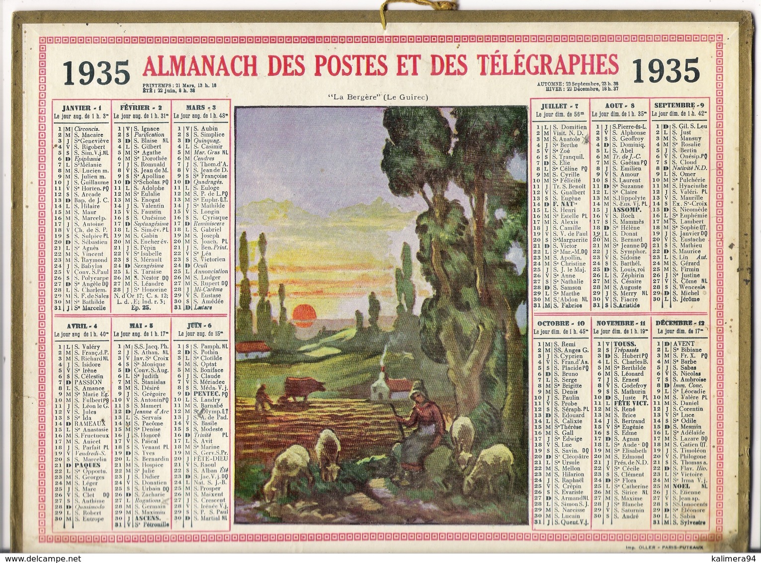 ALMANACH DES POSTES ET DES TELEGRAPHES / CALENDRIER DE 1935 / LA BERGÈRE ( Par LE GUIREC ) / Dép. SEINE & OISE - Tamaño Grande : 1921-40