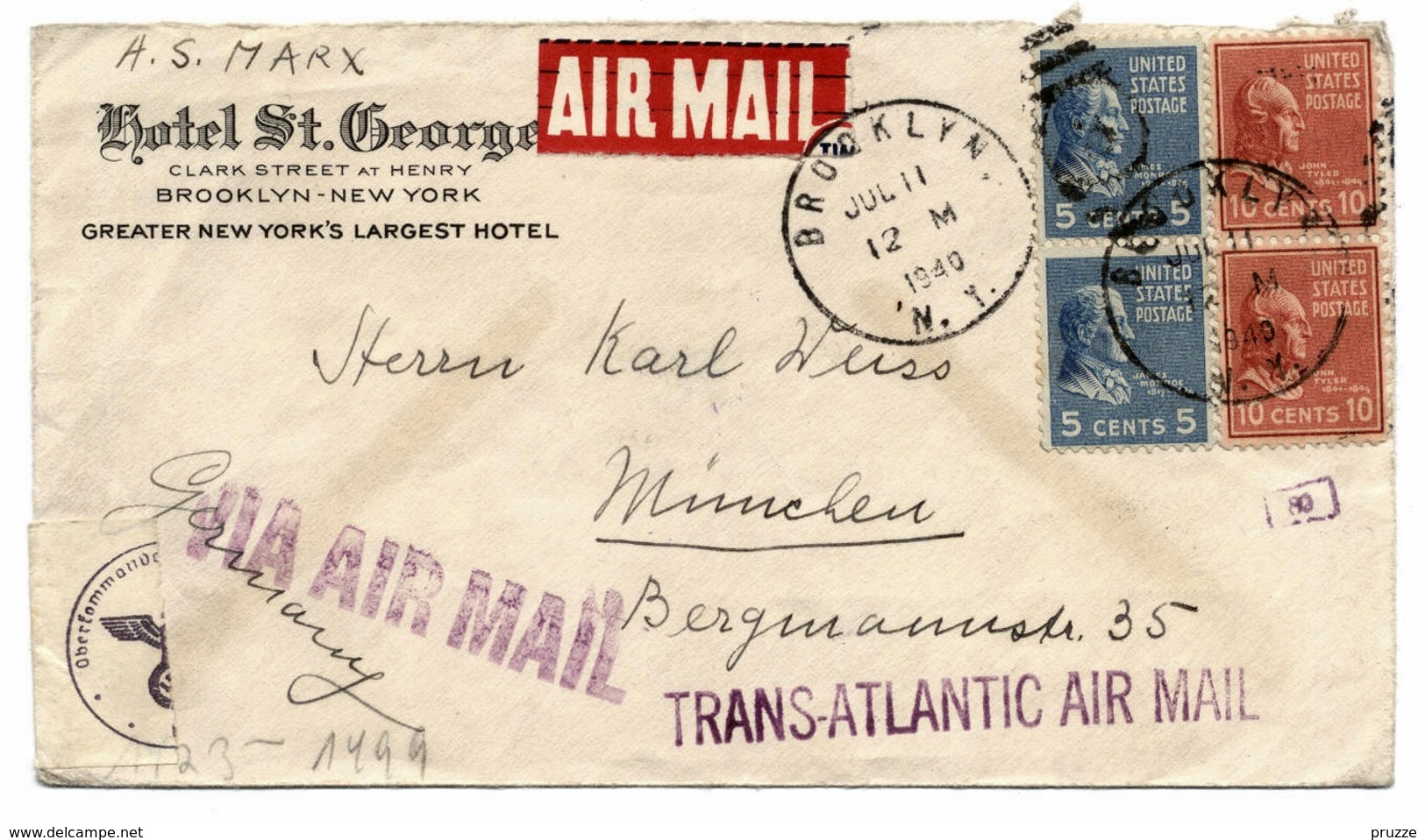 Hotel St. George, Brooklyn - New York 1940 Nach München, Deutschland - Brief, Luftpost, Zensur, Ohne Inhalt - 1921-40