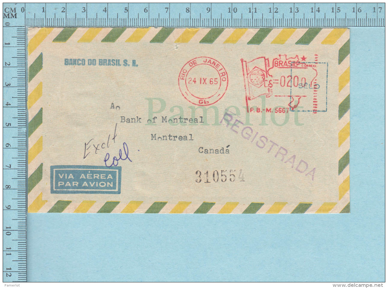 Brasil - Air Mail, Red Meter Stamp 1965, Commercial Envelope, Banco Do Brasil, Postmark REGISTRADA 310554 - Lettres & Documents