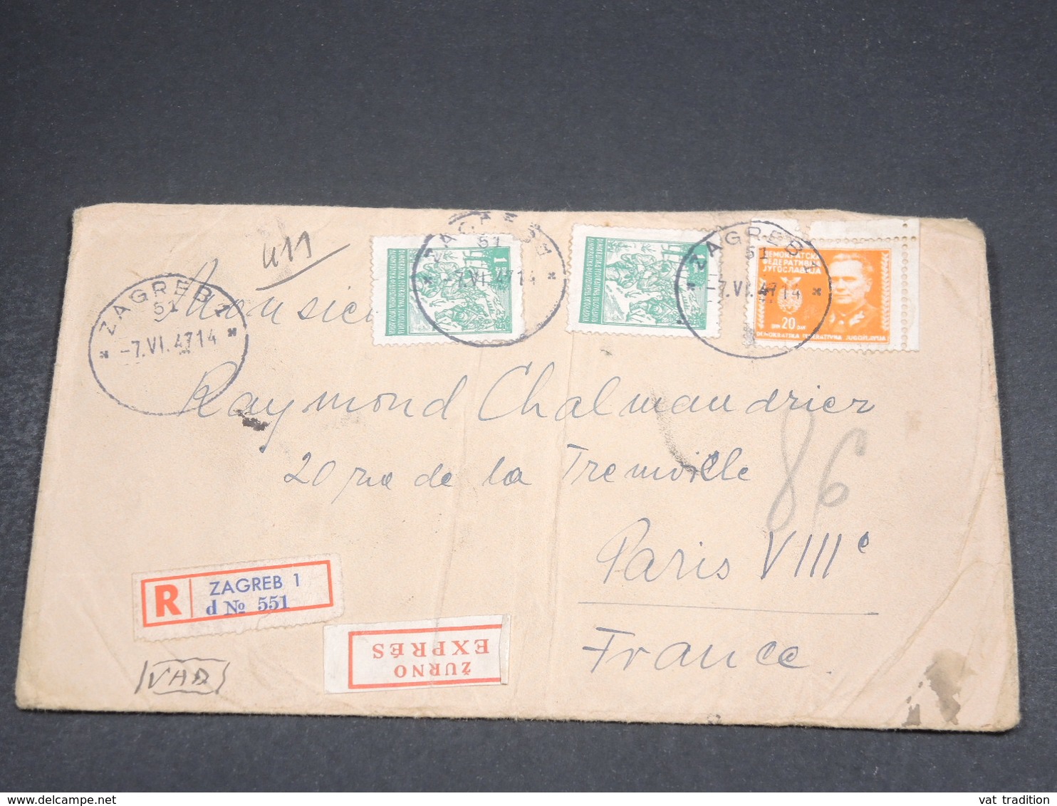 YOUGOSLAVIE - Enveloppe En Recommandé De Zagreb Pour Paris En 1947 , Affranchissement Plaisant - L 18767 - Lettres & Documents
