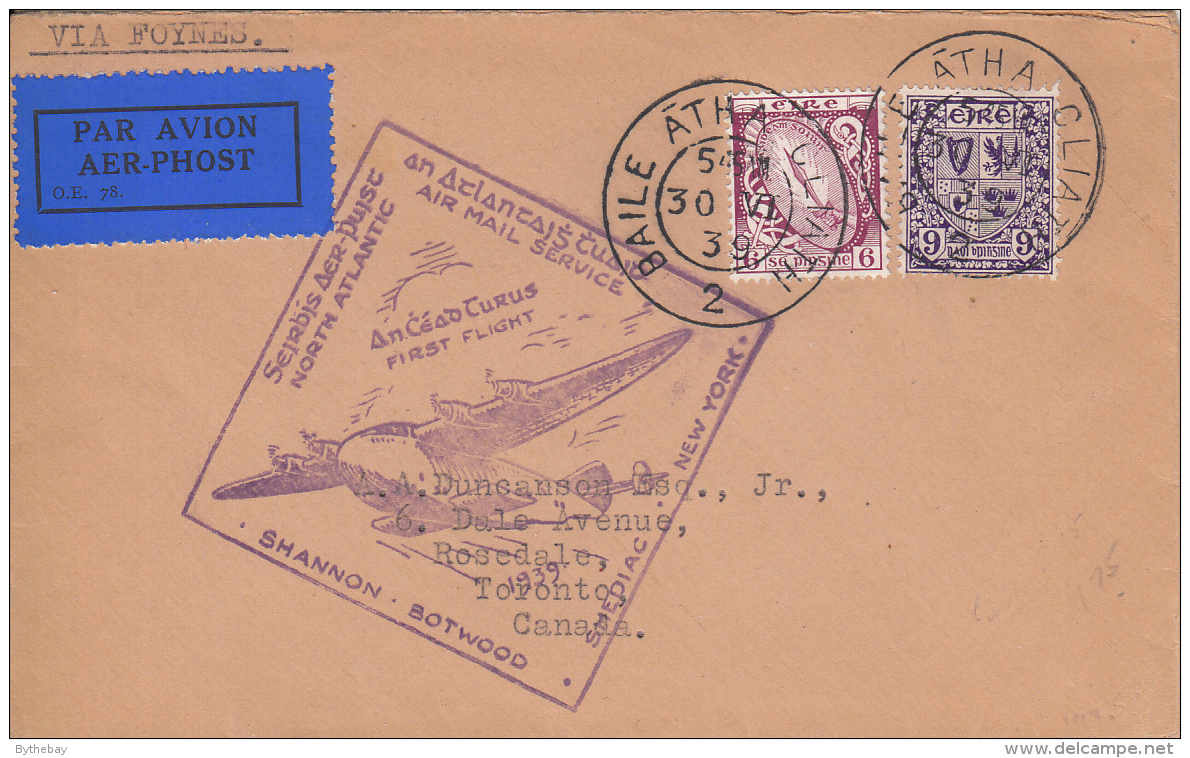 Ireland 1939 First Flight Cover To Canada Dated: June 30, 1939 Backstamp: Jul 1, 1939 Shediac - Lettres & Documents