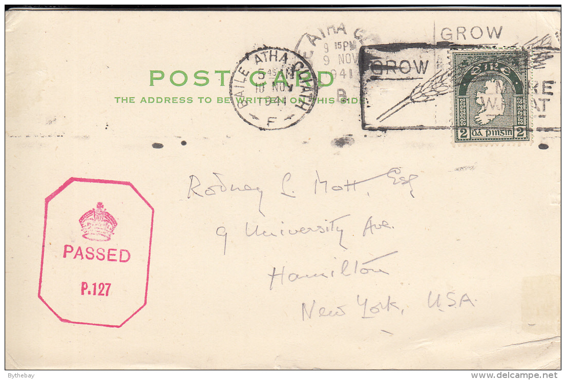 Ireland 1941 Postcard To USA Franked Scott #68 Or #109 Passed By Censor Slogan Cancel - Lettres & Documents