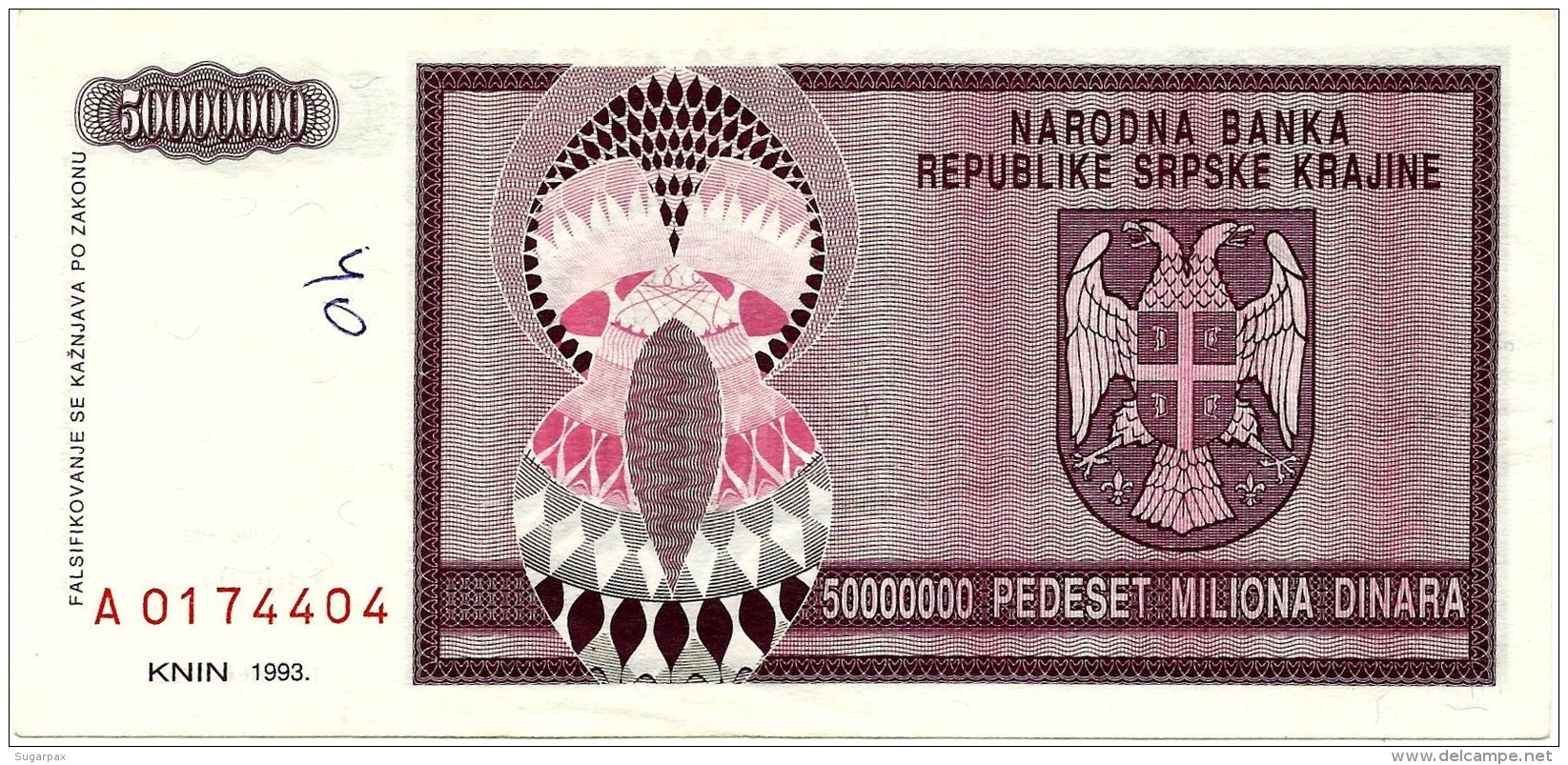 CROATIA ( KRAJINA - KNIN ) 50 000 000 Dinara - 1993 - R 14 - Used - Serbian Republic - Croatie Kroatien - 50000000 - Croatie