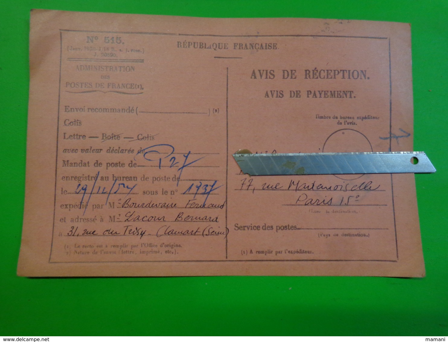 Carte Avis De Reception N°515 Administration Des Postes Cachet Clamart 1954 - Non Classificati