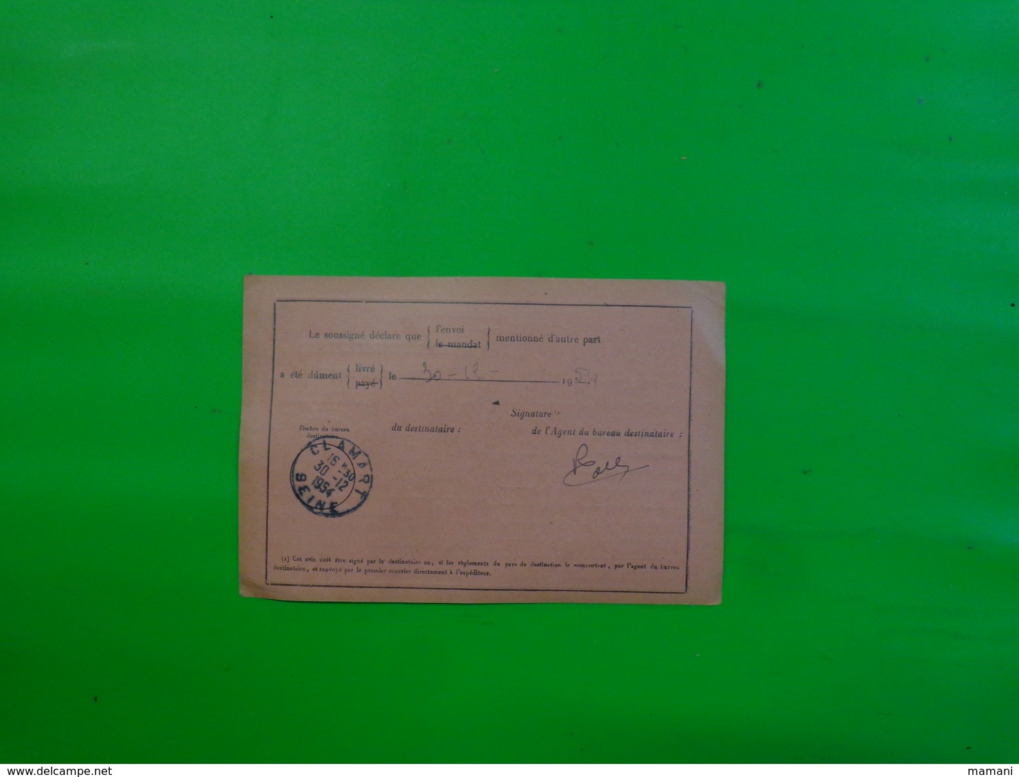 Carte Avis De Reception N°515 Administration Des Postes Cachet Clamart 1954 - Non Classificati