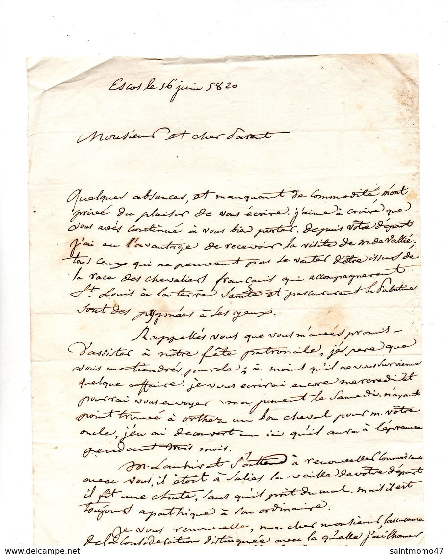 64 - ESCOT . NAVARRENX . LETTRE ADRESSÉE À MONSIEUR LE CHEVALIER DE ROBY LE 06 JUIN 1820 - Réf. N°96F - - Manuscripts