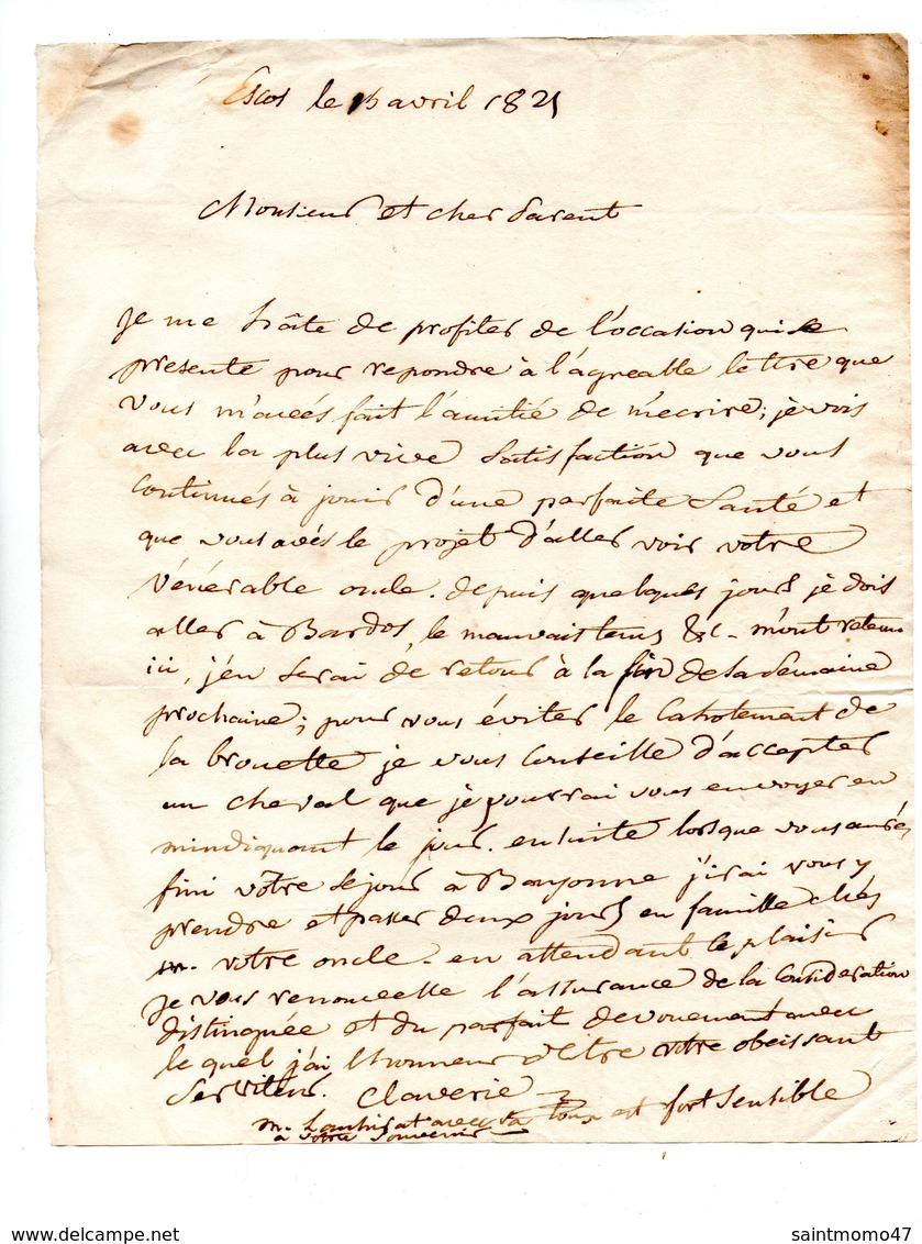 64 - ESCOT . NAVARRENX . LETTRE ADRESSÉE À MONSIEUR LE CHEVALIER DE ROBY LE 15 AVRIL 1821 - Réf. N°97F - - Manuscrits