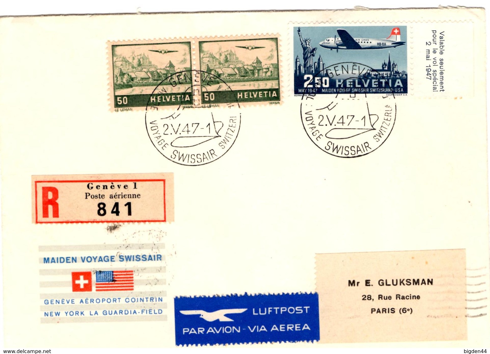 Lettre Par Avion  Recommandée De Genève (02.05.1947) Pour Paris_Maiden Voyage Swissair - Lettres & Documents