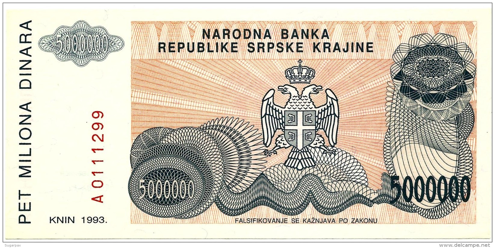 CROATIA ( KRAJINA - KNIN ) 5 000 000 Dinara - 1993 - R 24 - Unc. - Serbian Republic - Croatie Kroatien - 5000000 - Croatia