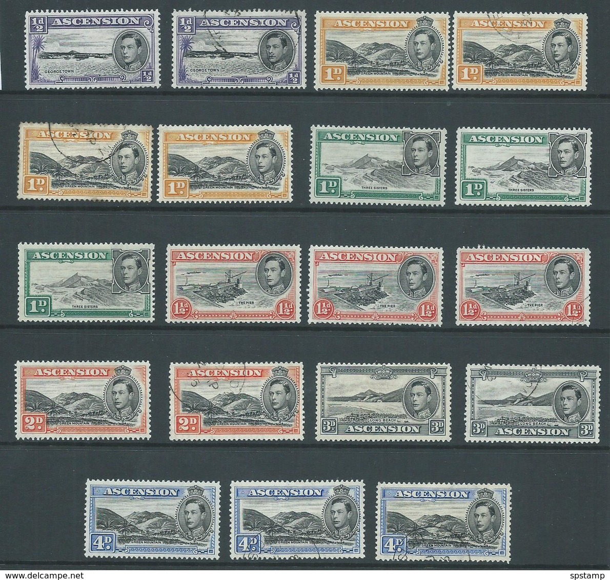 Ascension 1938 KGVI Definitives Perf 13 Duplictaed Group Of 19 Values To 4d Including Shades Mint & FU - Ascension