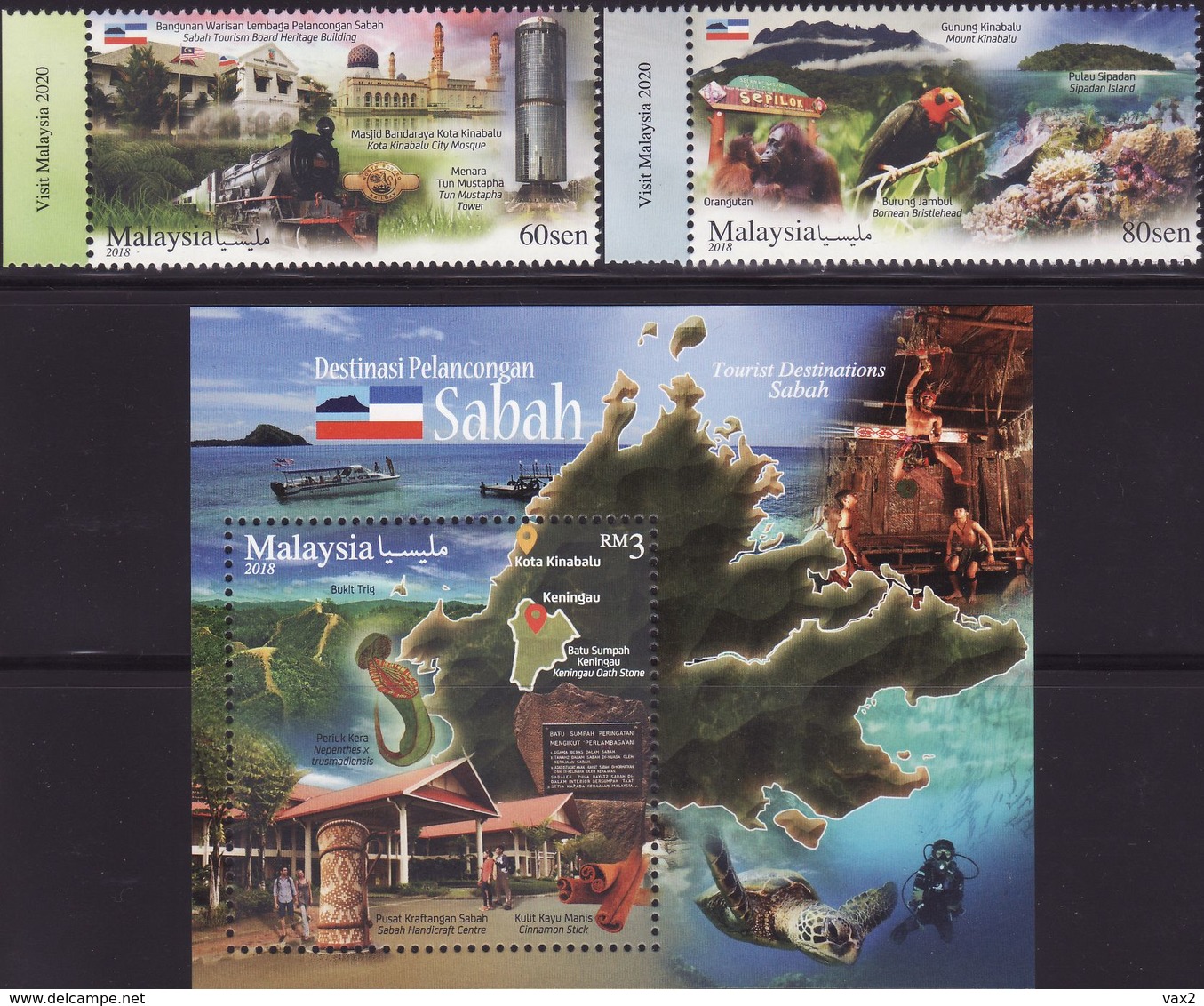 Malaysia 2018-10 Sabah Set+M/S MNH Train Fauna Bird Marine Coral Mountain Pitcher Turtle Diving Dance Map Transport Boat - Malesia (1964-...)