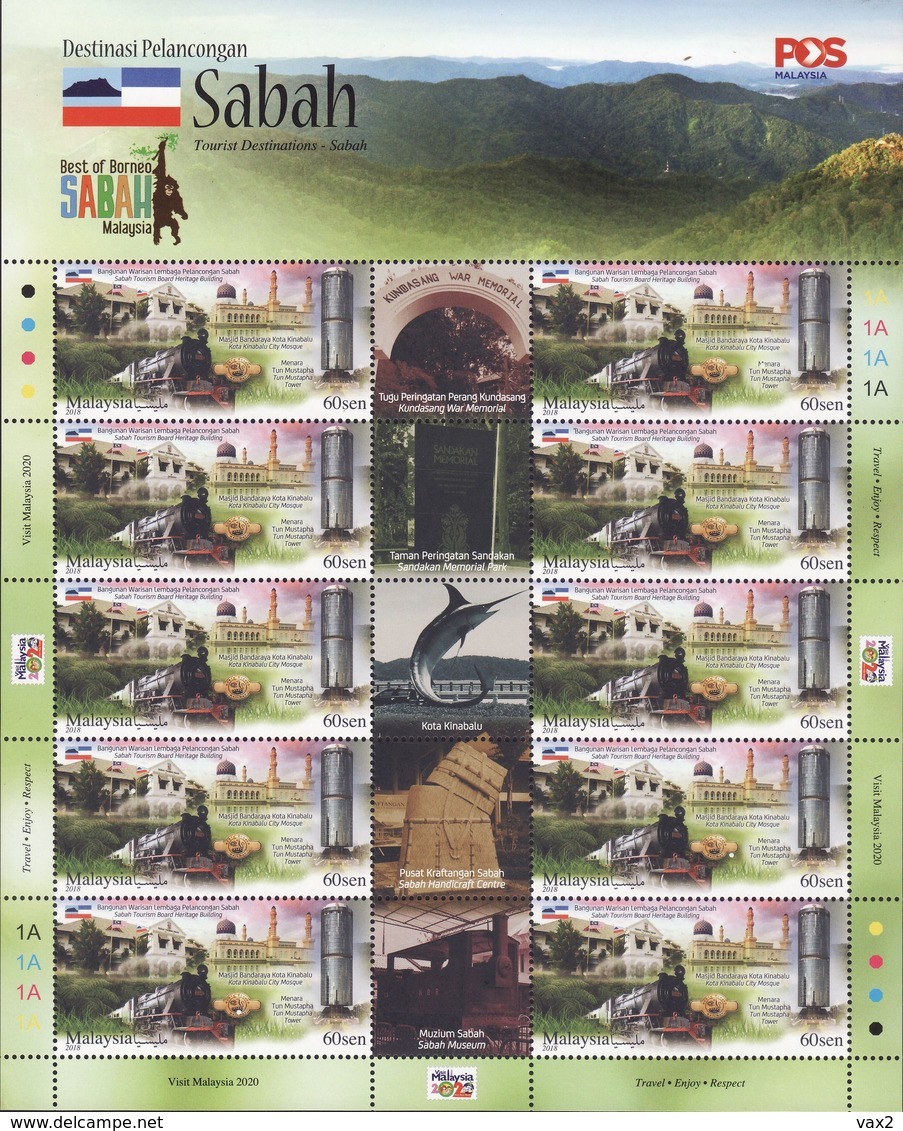 Malaysia 2018-10 Sabah Full Sheet MNH Train Fauna Bird Marine Coral Mountain - Malaysia (1964-...)