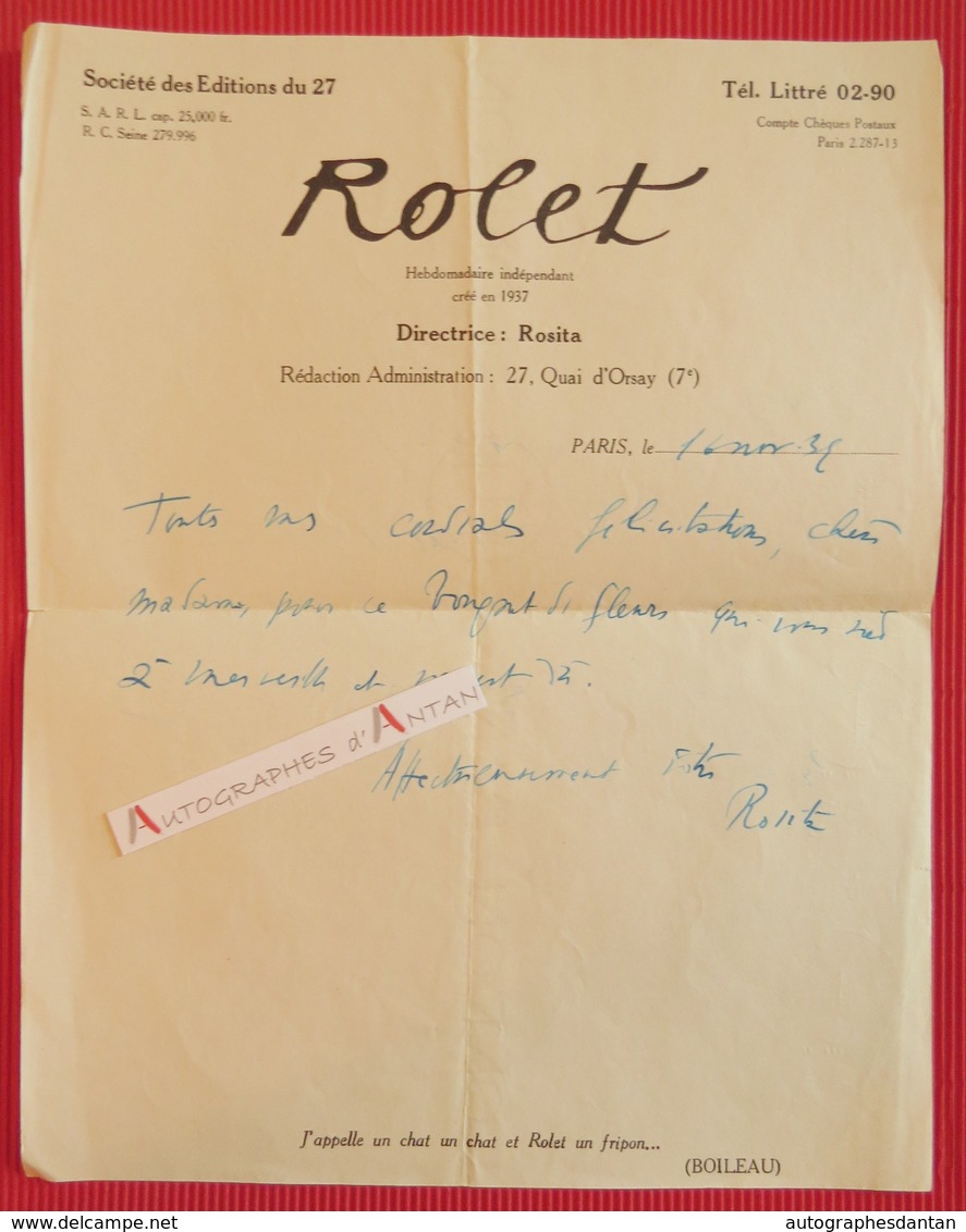 L.A.S 1939 Rosita MATZA Hebdomadaire ROLET - Vigny Charles Derennes Château Blanat Saint Michel De Bannières Lettre - Autres & Non Classés