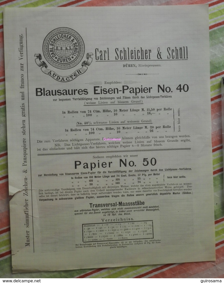 Papier Carl Schleicher Und Schüll, Düren Rheinland - Blausaures Eisen Papier N°40 - 1885 - Imprenta & Papelería