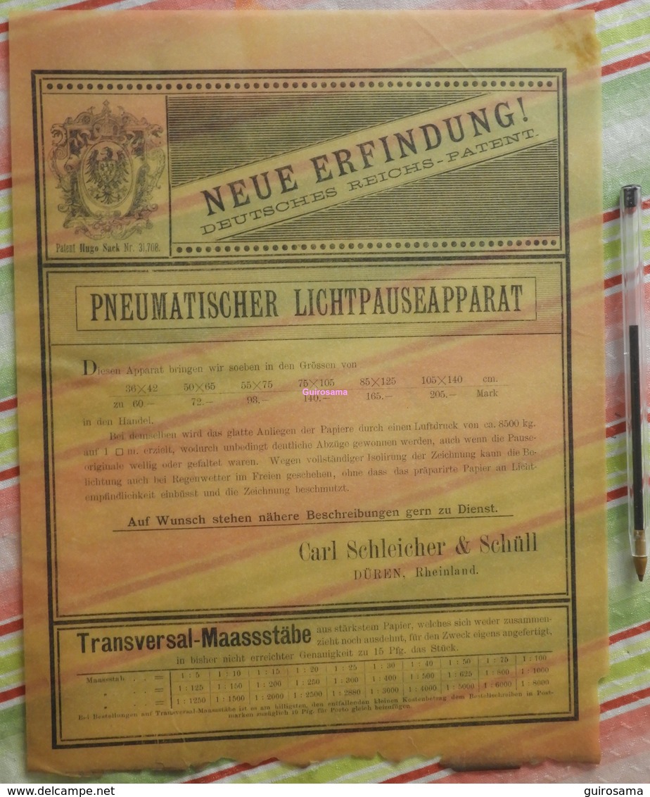 Papier Carl Schleicher Und Schüll, Düren Rheinland - Pneumatischer Lichtpauseapparat - 1886 - Stamperia & Cartoleria