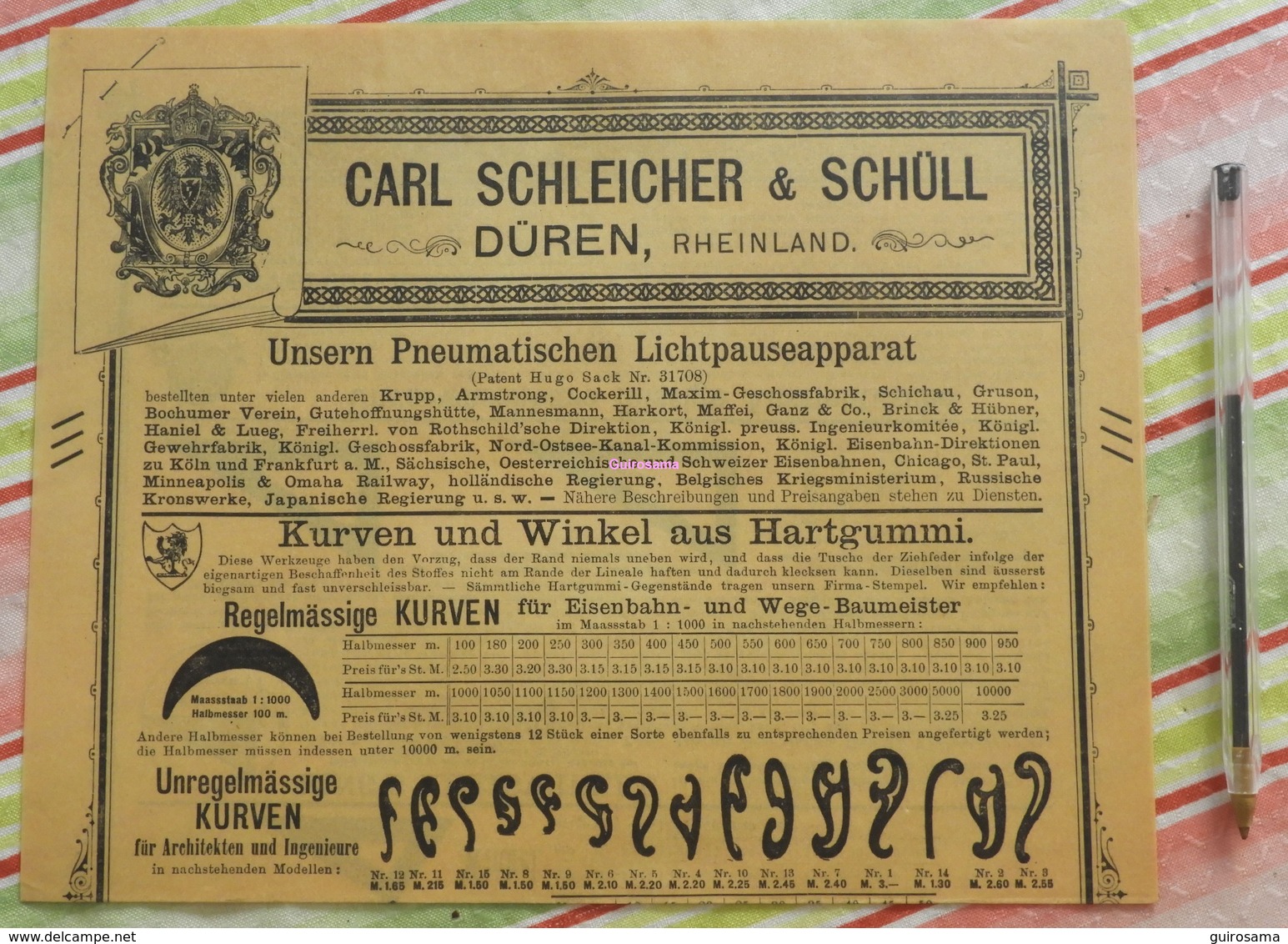 Papier Carl Schleicher Und Schüll, Düren Rheinland - Lichtpauseapparat, Hartgummi, Kreiswinkel - 1890 - Drukkerij & Papieren