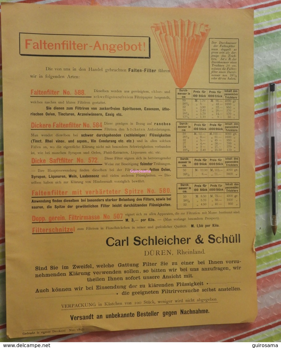 Papier Carl Schleicher Und Schüll, Düren Rheinland - Faltenfilter - Novembre 1893 - Printing & Stationeries