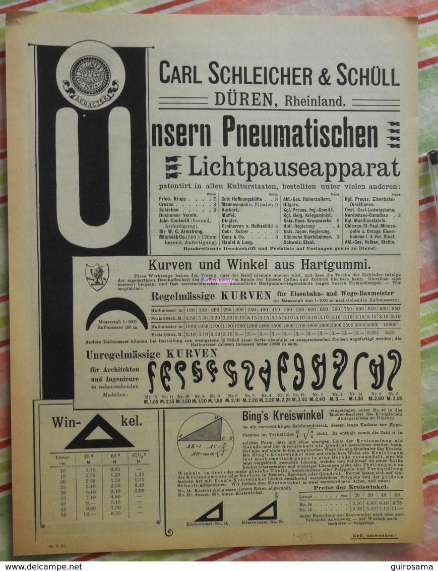 Papier Carl Schleicher Und Schüll, Düren Rheinland - Pneumatischer Lichtpauseapparat - Kurven Und Winkel - 1893 - Druck & Papierwaren