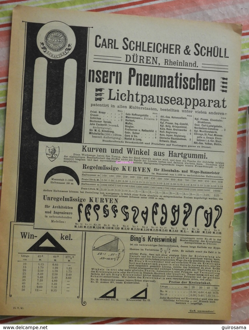 Papier Carl Schleicher Und Schüll, Düren Rheinland - Pneumatischer Lichtpauseapparat - Kurven Und Winkel - 1893 - Printing & Stationeries