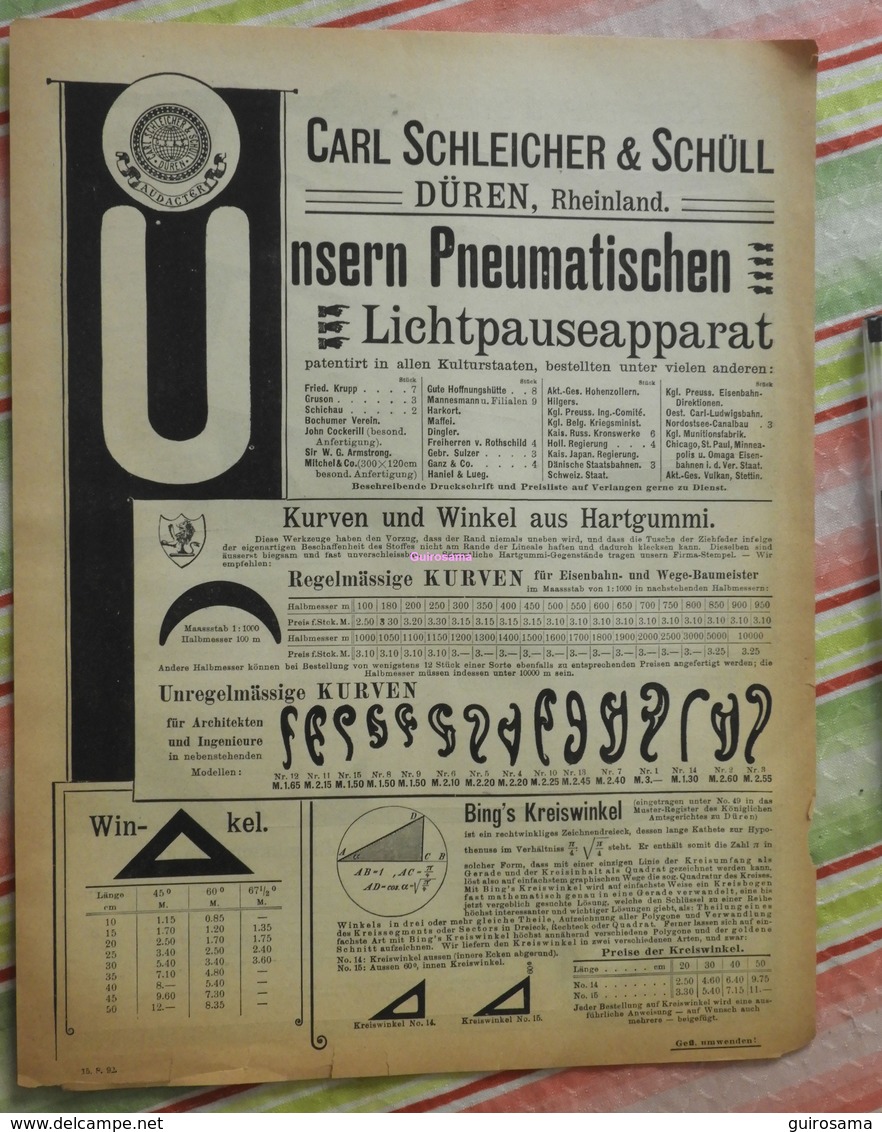 Papier Carl Schleicher Und Schüll, Düren Rheinland - Pneumatischer Lichtpauseapparat - Kurven Und Winkel - 1893 - Imprimerie & Papeterie