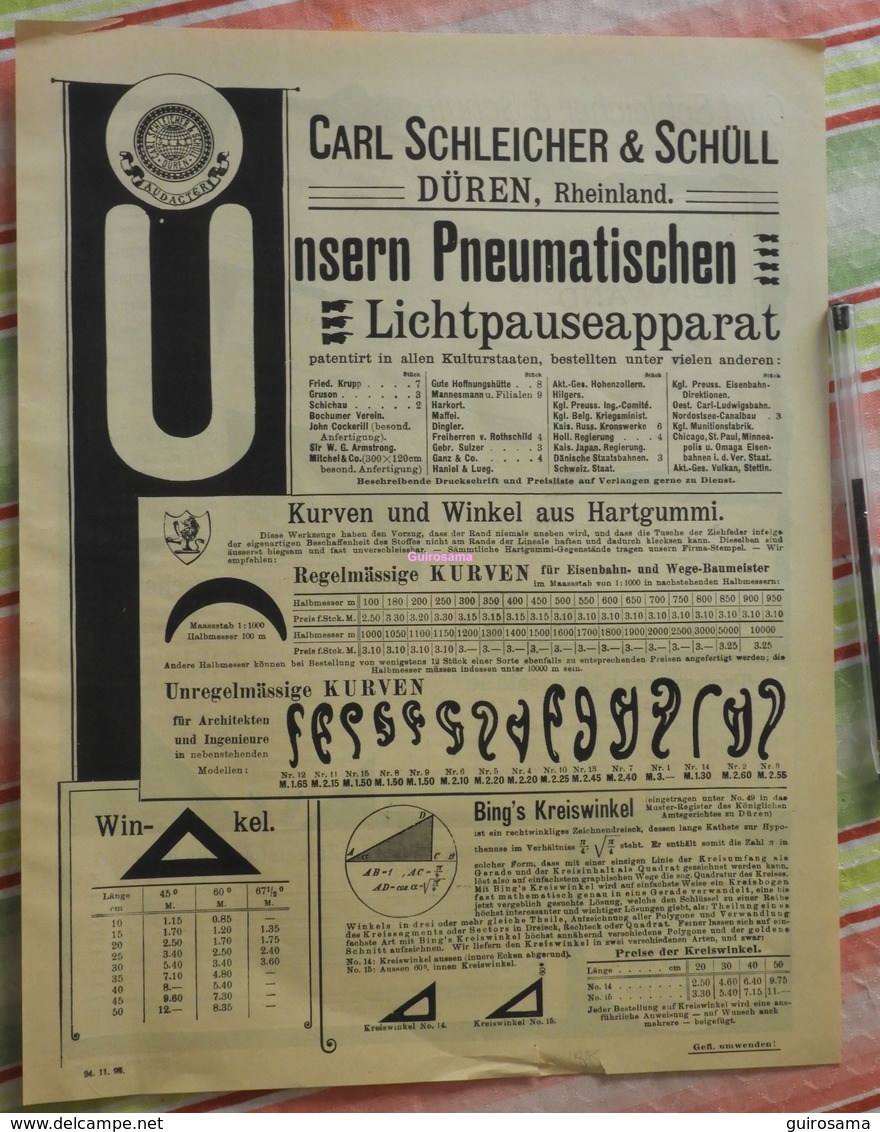 Papier Carl Schleicher Und Schüll, Düren Rheinland - Pneumatischer Lichtpauseapparat - Kurven Und Winkel - 1895 - Printing & Stationeries