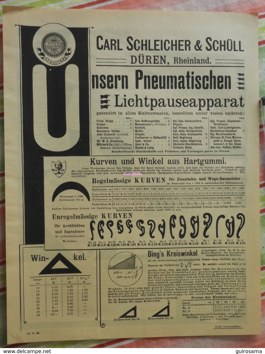 Papier Carl Schleicher Und Schüll, Düren Rheinland - Pneumatischer Lichtpauseapparat - Kurven Und Winkel - 1895 - Imprenta & Papelería