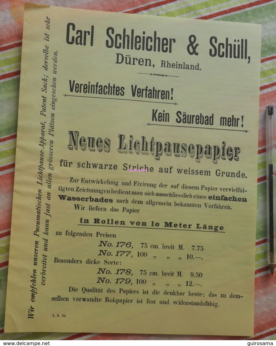 Papier Carl Schleicher Und Schüll, Düren Rheinland - Neues Lichtpaupepapier N°176 à 179 - 1894 - Imprimerie & Papeterie