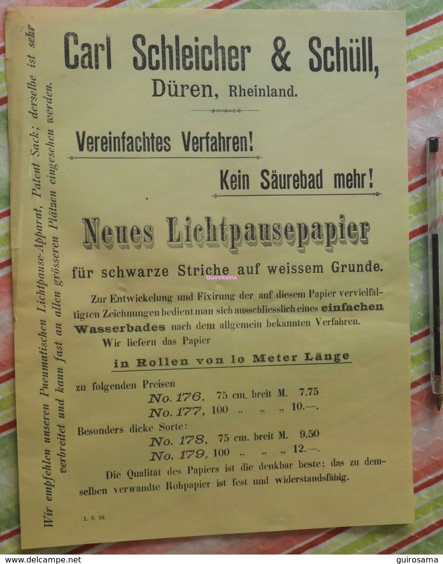 Papier Carl Schleicher Und Schüll, Düren Rheinland - Neues Lichtpaupepapier N°176 à 179 - 1894 - Imprenta & Papelería