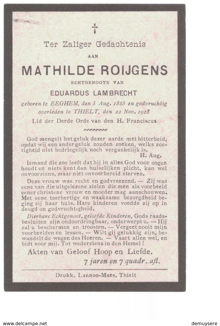 DP 6797 - MATHILDE ROIJGENS - EEGHEM 1865 + THIELT 1918 - Images Religieuses