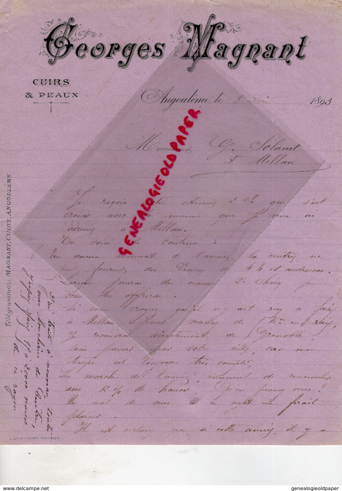 16 - ANGOULEME - BELLE LETTRE MANUSCRITE GEORGES MAGNANT- CUIRS PEAUX-MEGISSERIE-TANNERIE-GANTERIE- 1893- SOLANET MILLAU - 1800 – 1899