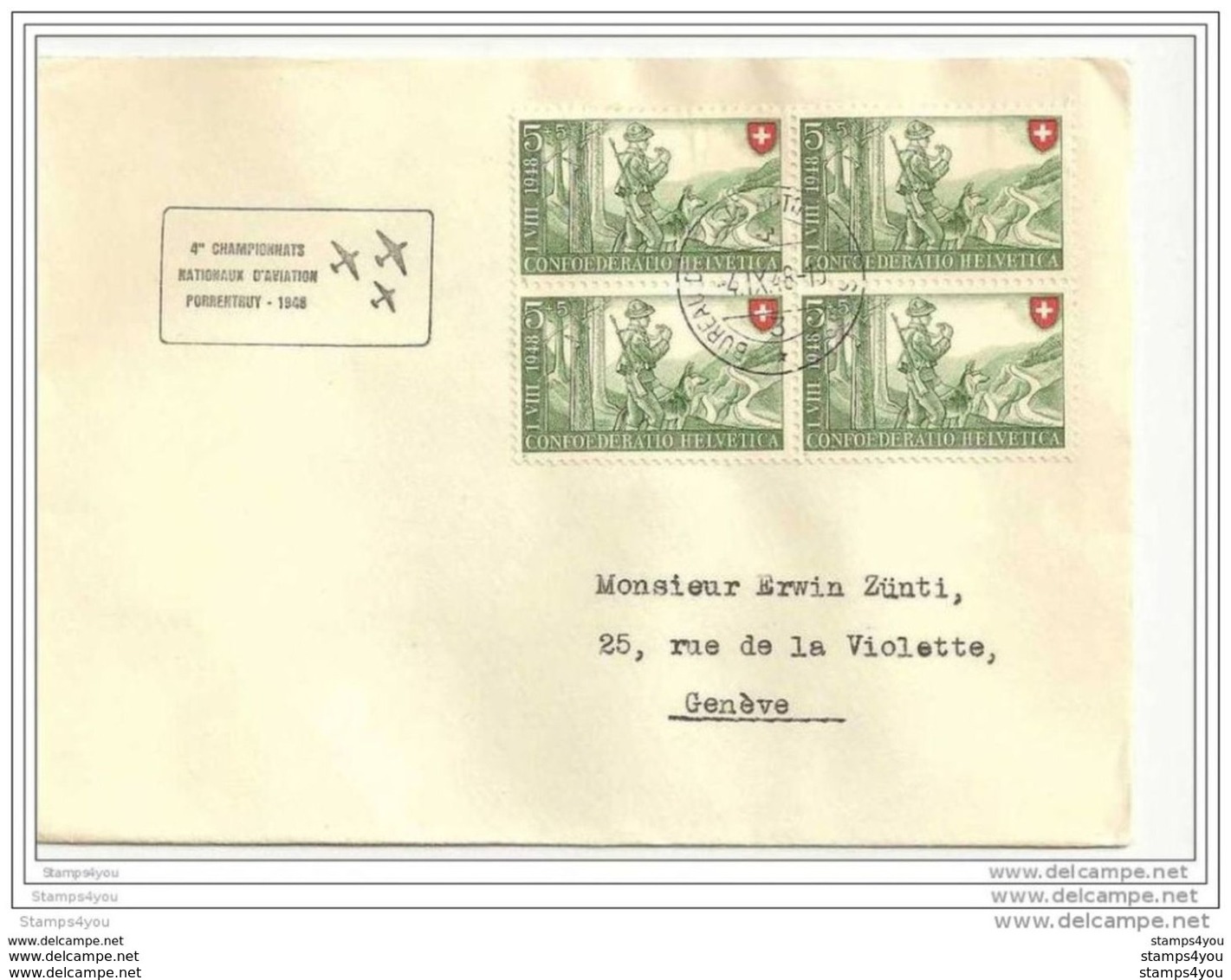 38-40 - Enveloppe Avec Bloc De 4 Timbres Pro Patria Et Oblit Spéciale "4e Championnats D'Aviation Porrentruy 1948" - Marcophilie