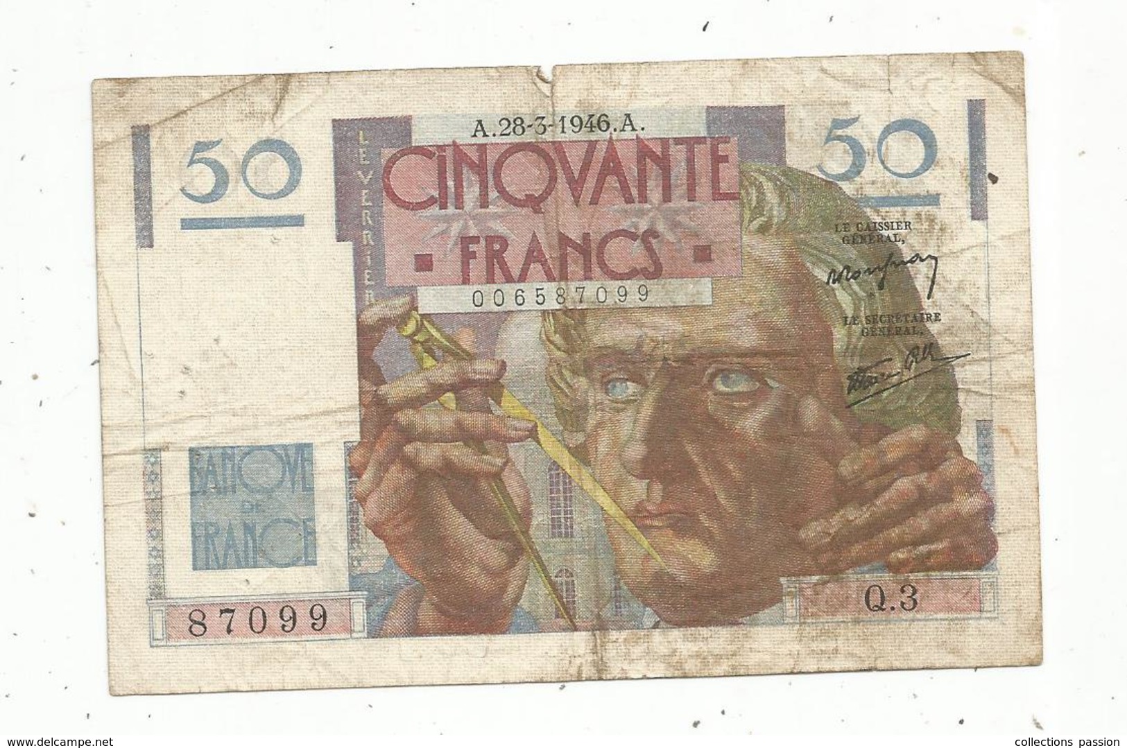 Billet , 50 Francs , 50 , LE VERRIER ,  28-3-1946 , 2 Scans - 50 F 1946-1951 ''Le Verrier''