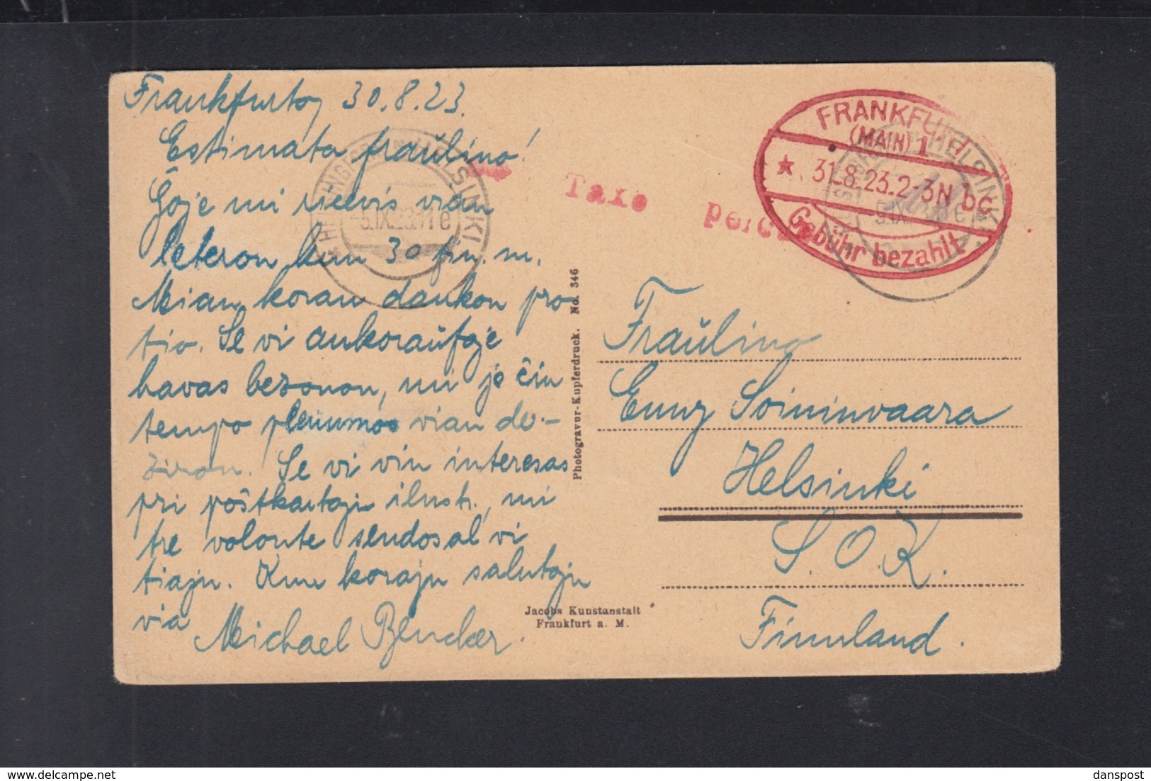 Dt. Reich PK 1923 Gebühr Bezahlt Frankfurt Nach Finnland - Briefe U. Dokumente