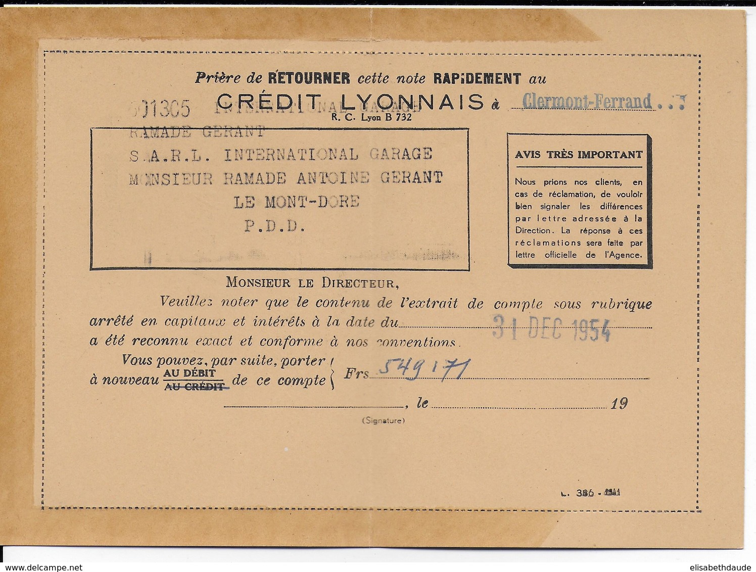 1954 - GANDON PERFORE (PERFIN) Sur CARTE LETTRE (VOIR INTERIEUR) Du CREDIT LYONNAIS De CLERMONT-FERRAND (PUY DE DOME) - Autres & Non Classés