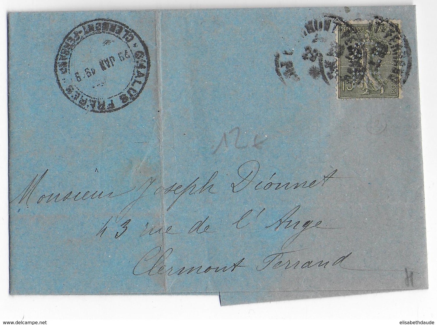 1919 - SEMEUSE PERFORE (PERFIN) Sur ENVELOPPE De La BANQUE CHALUS à CLERMONT-FERRAND - Other & Unclassified