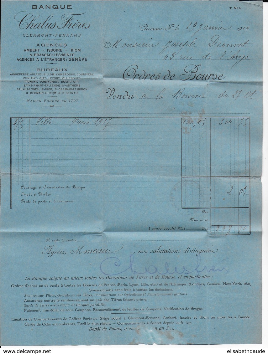 1919 - SEMEUSE PERFORE (PERFIN) Sur ENVELOPPE De La BANQUE CHALUS à CLERMONT-FERRAND - Sonstige & Ohne Zuordnung