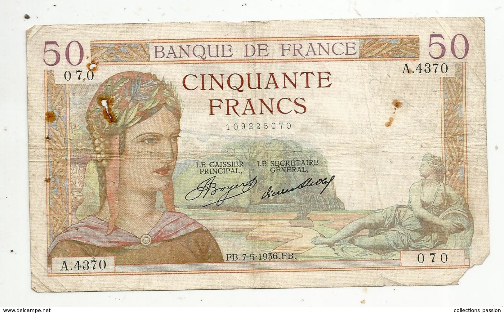 Billet , 50 Francs , 50 , CERES , 7-5-1936 , 2 Scans - 50 F 1934-1940 ''Cérès''