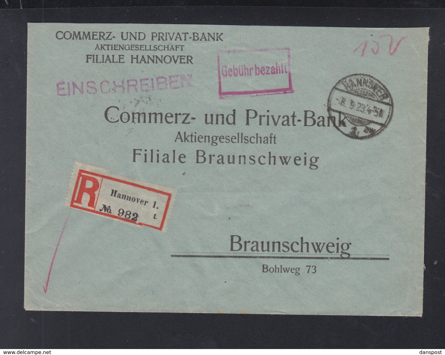 Dt. Reich R-Brief 1923 Hannover Nach Braunschweig - Briefe U. Dokumente