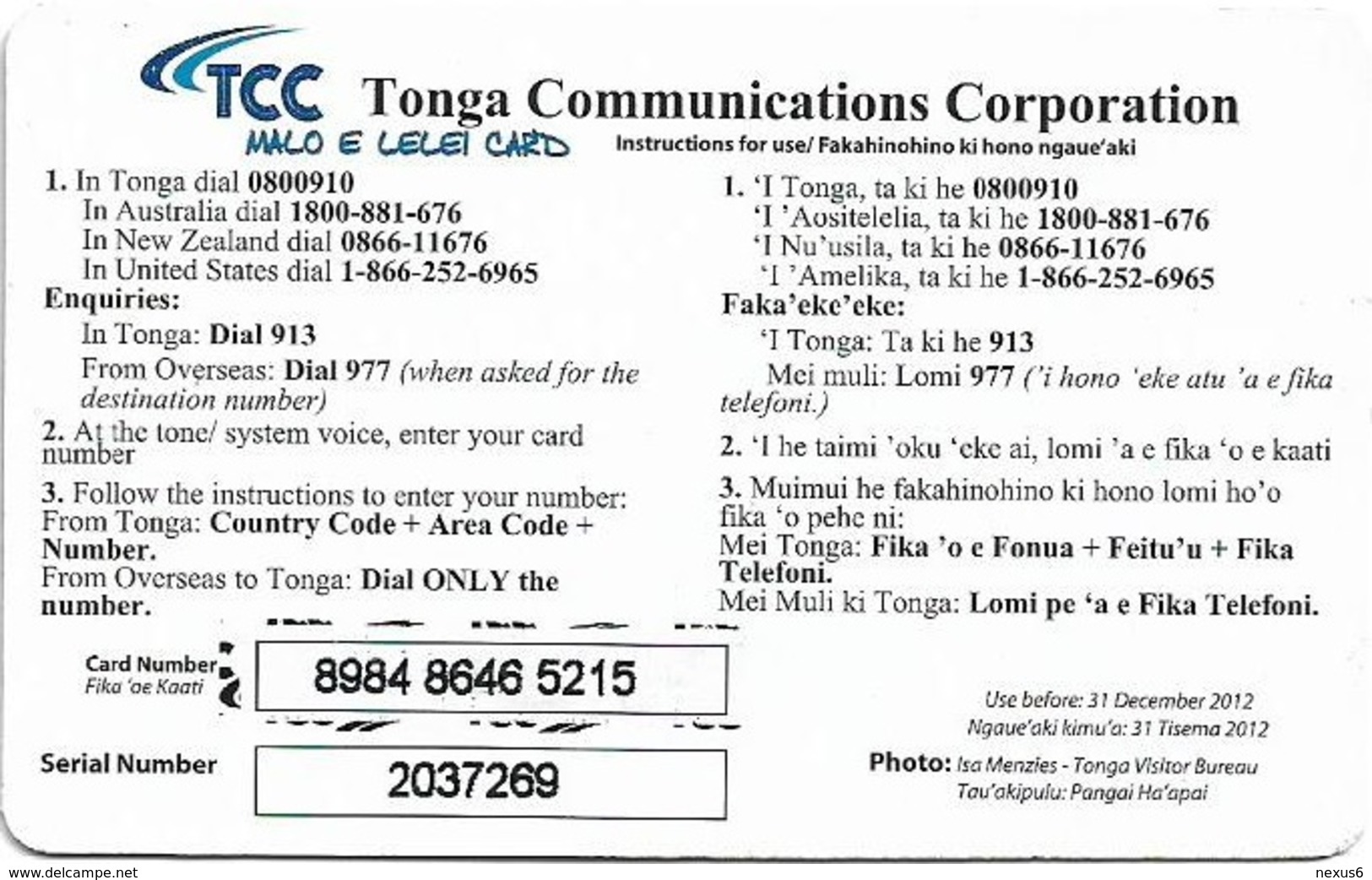 Tonga - TCC - Tonga Visitor Bureau - Remote Mem. Exp.31.12.2012, 10$, Used - Tonga