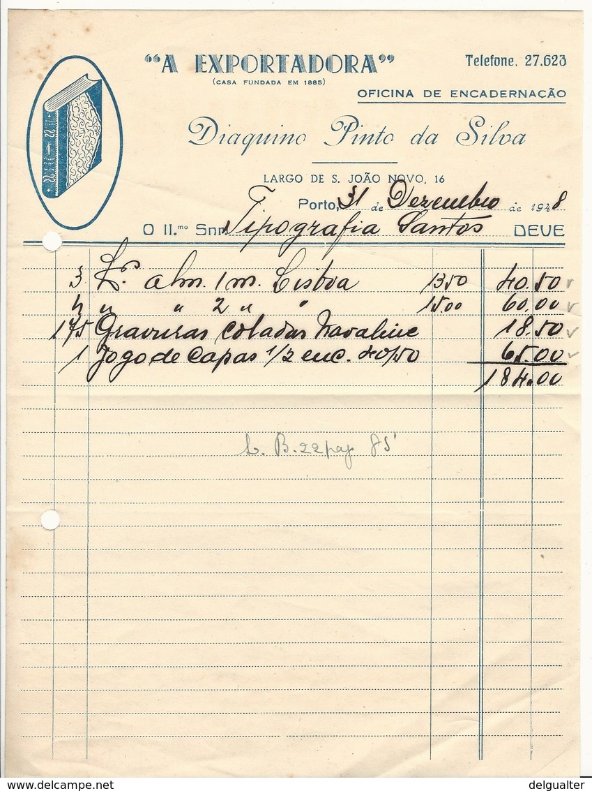 Invoice * Portugal * 1948 * Porto * ''A Exportadora'' Oficina De Encadernação * Holed - Portugal