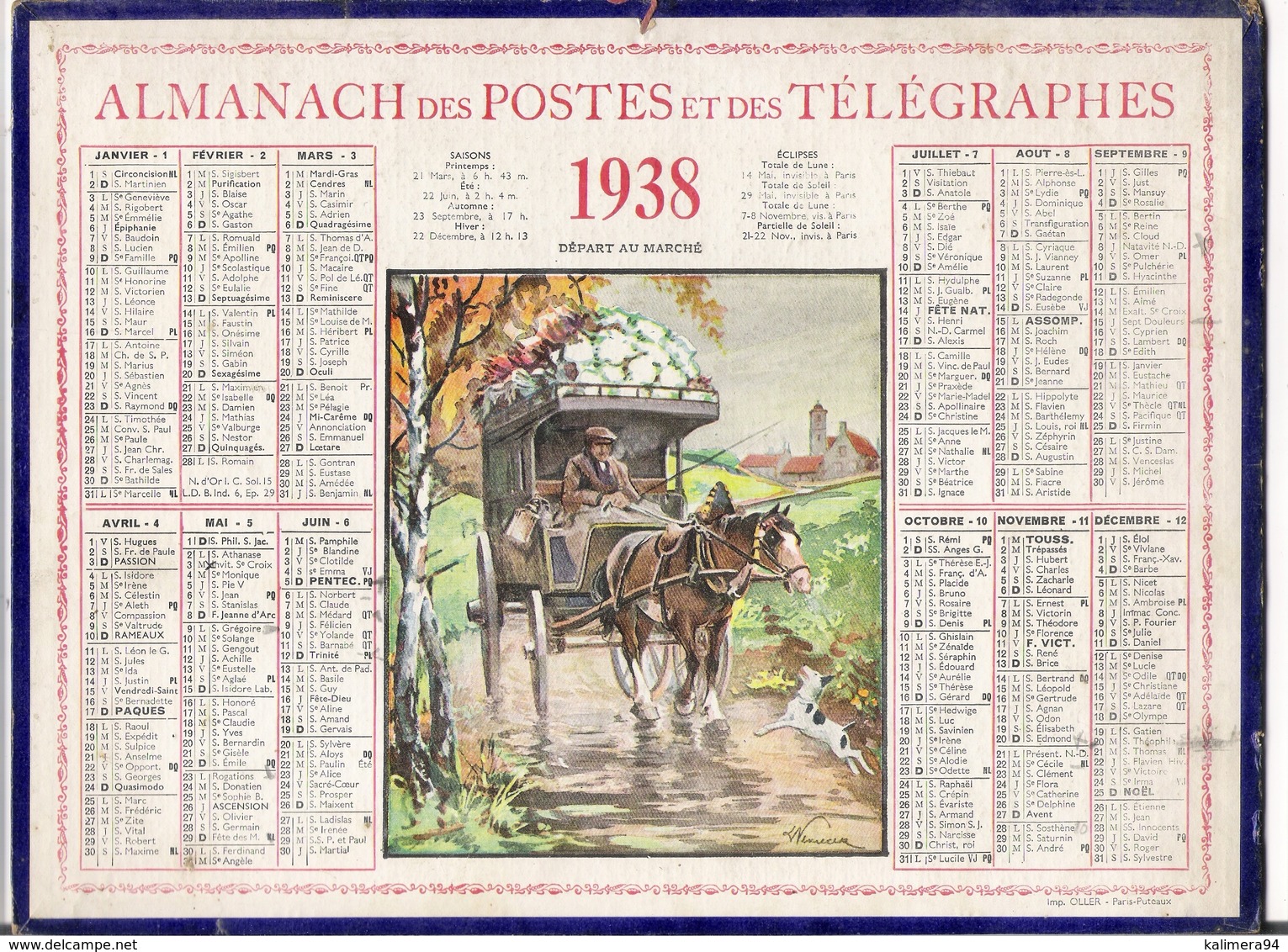 ALMANACH DES POSTES ET DES TELEGRAPHES / CALENDRIER DE 1938 / DEPART AU MARCHE ( Calèche Et Chien ) / Dép. SEINE & OISE - Grand Format : 1921-40