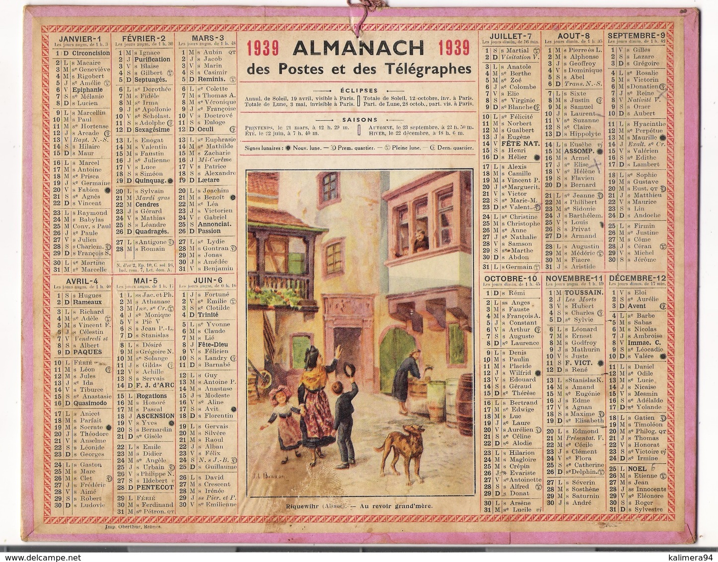 ALMANACH DES POSTES ET DES TELEGRAPHES / CALENDRIER DE 1939 / RIQUEWIRH / AU REVOIR GRAND' MÈRE / Dép. SEINE - Big : 1921-40