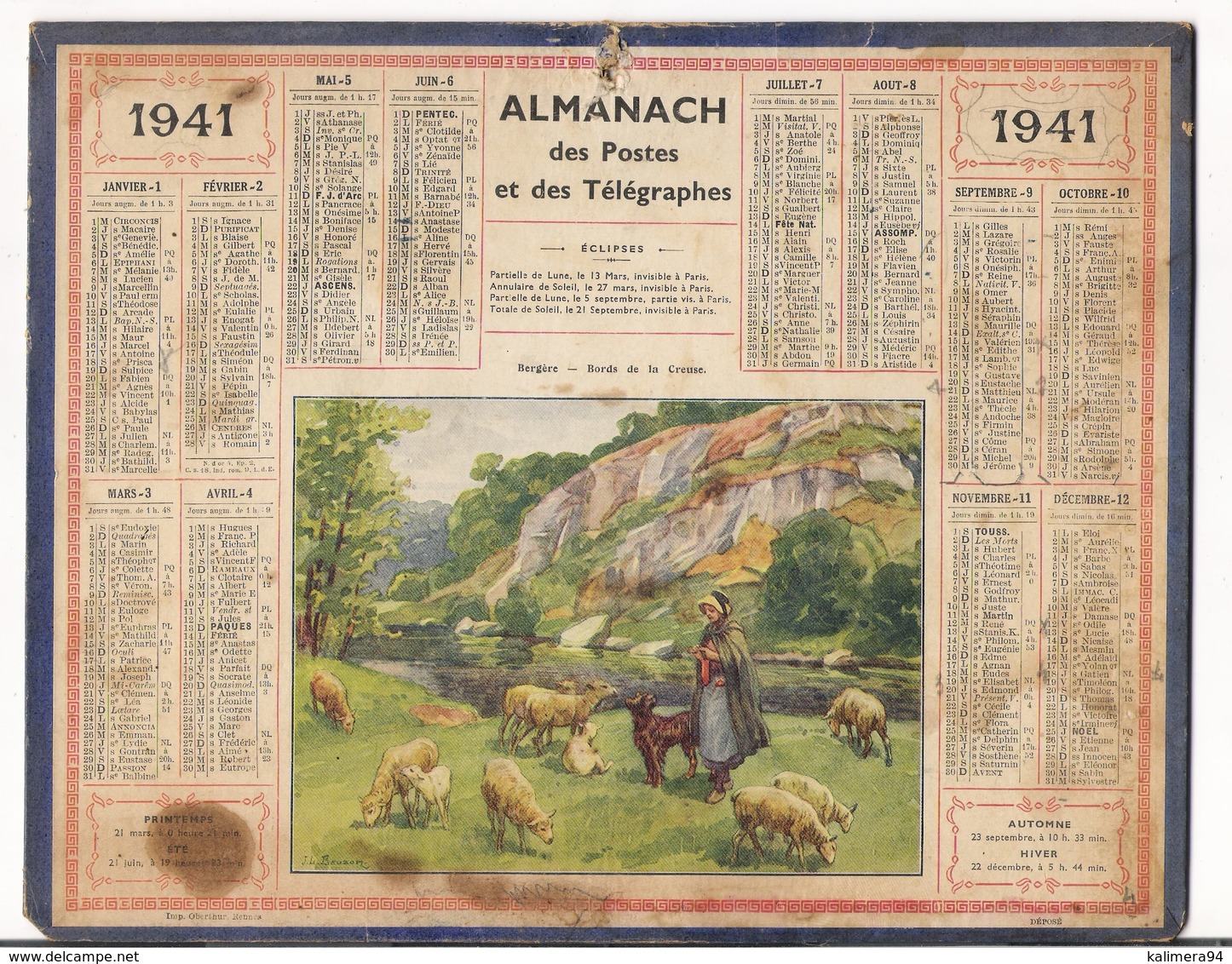 ALMANACH DES POSTES ET DES TELEGRAPHES / CALENDRIER DE 1941 / BERGÈRE , BORDS DE LA CREUSE ( Signé BEUZON ) / Dép. SEINE - Big : 1941-60